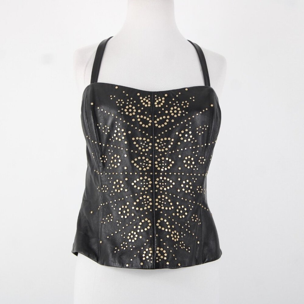 Dana Buchman Sz 12 Black Bronze Lined Studded 100% Leather Poly Lined Corset Top - Picture 14 of 16